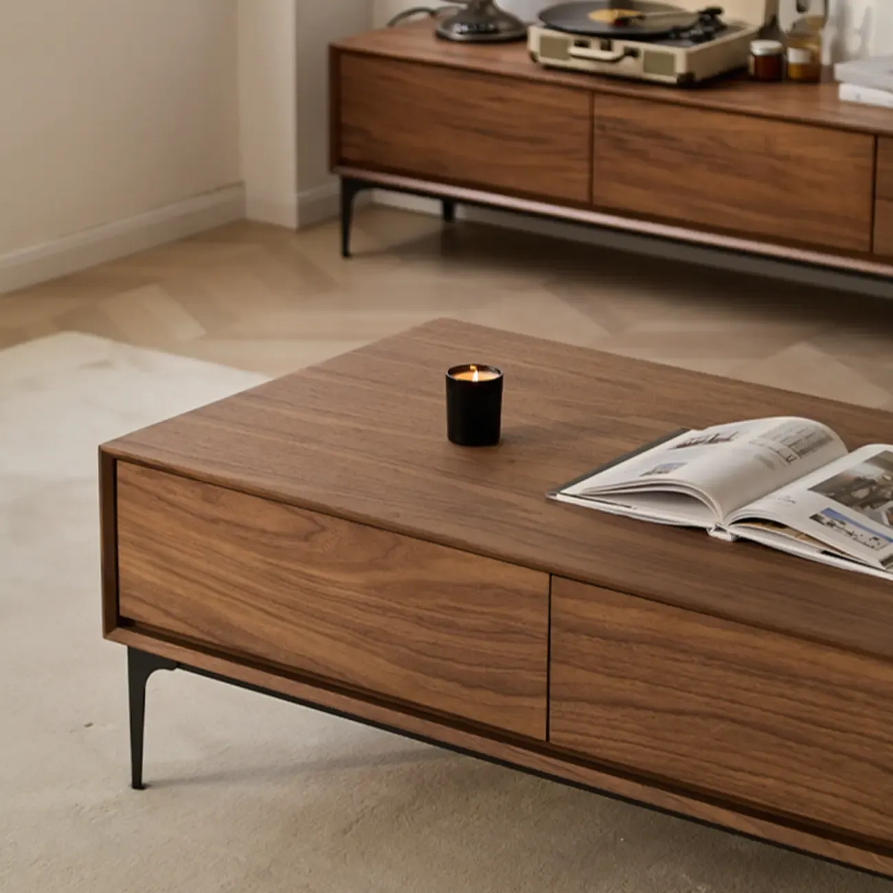 Large Rectangular Waterproof Brown 4-Drawer Wood Coffee Table