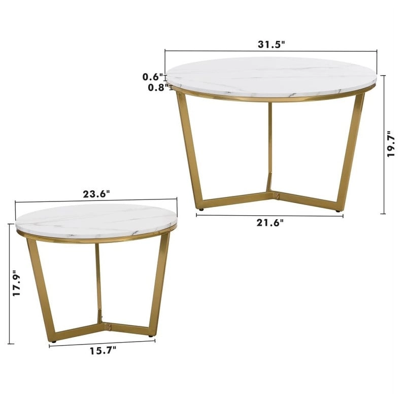 2Pcs Modern Round Nesting Coffee Table Set with Marbling Top Design and Gold Base
