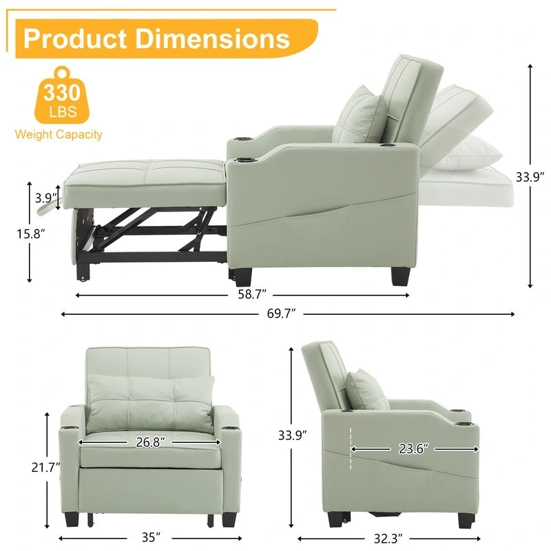 Chair Bed, Sleeper Sofa Chair Bed 3 in 1, Adjustable Recliner,Armchair, Sofa, Bed, Linen