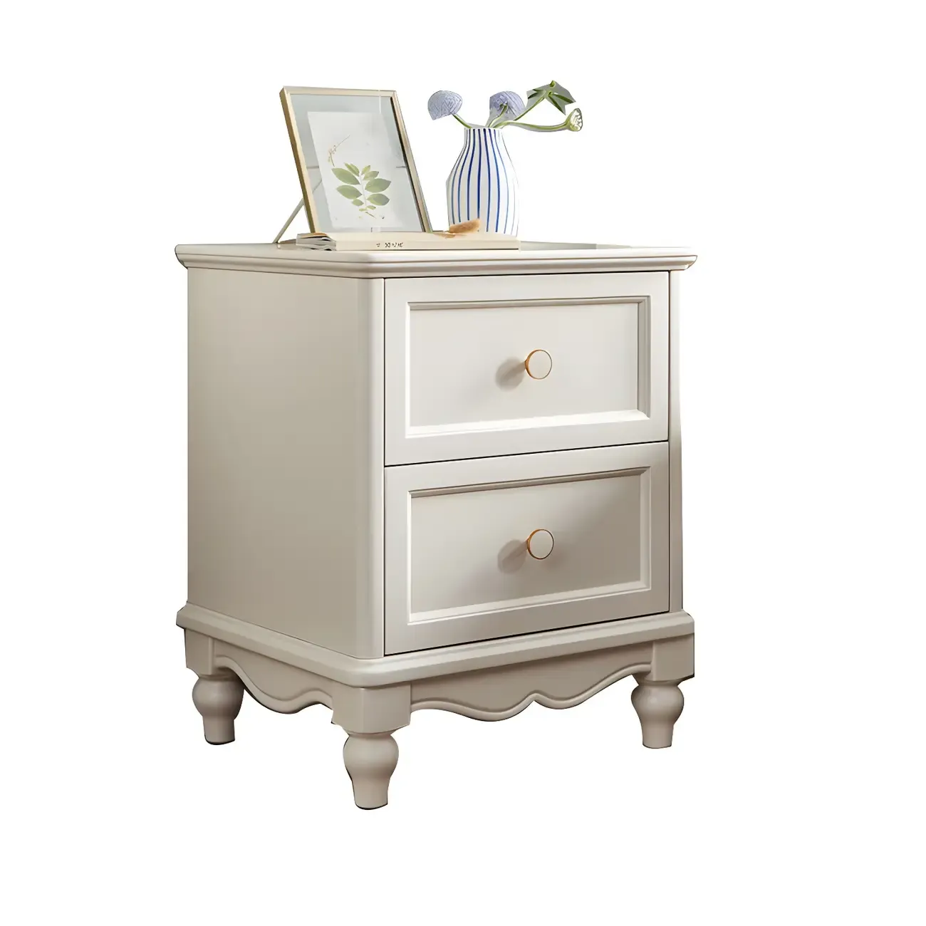 French 2-Layer White Wood Bedroom Nightstand