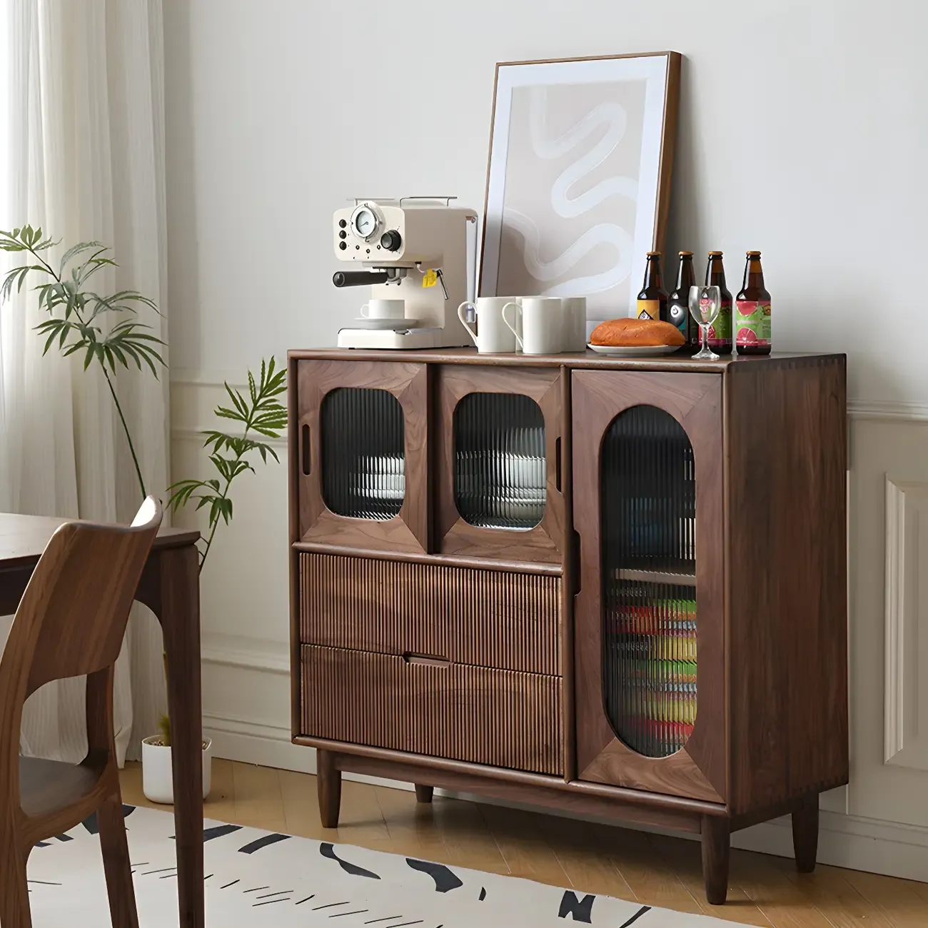 Walnut Wood Bottom Drawer Adjustable China Cabinet