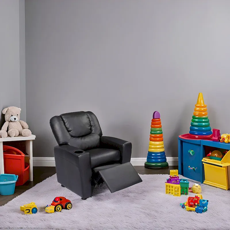 Kids Push Back Recliner Chair with Footrest and Cup Holders
