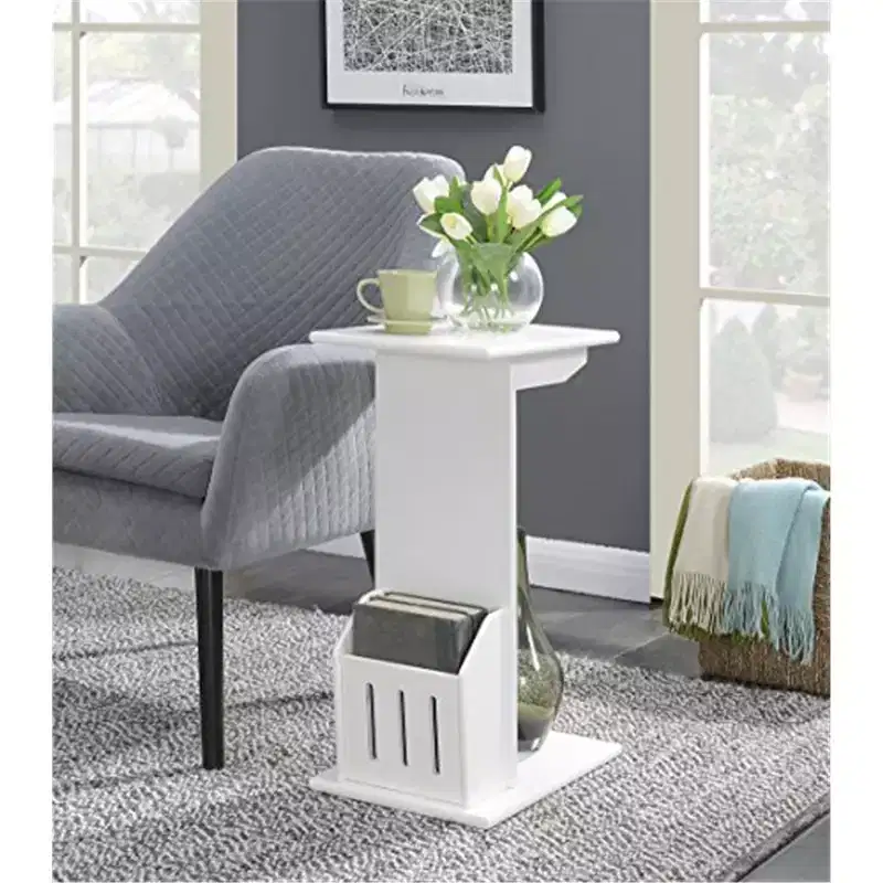 White C-Shape End Table with Magazine Holder, 1-Person