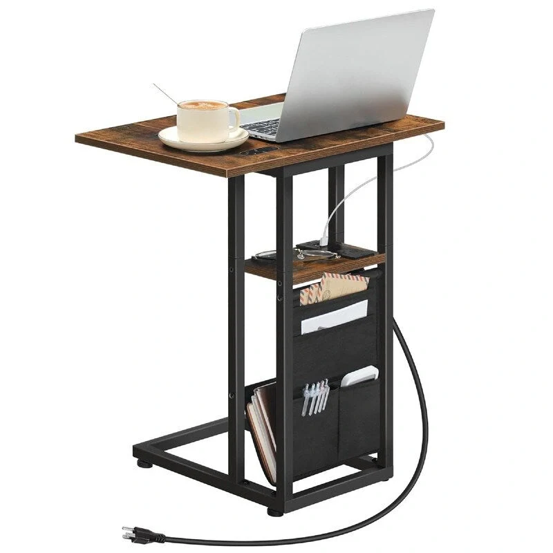 C-Shaped Side Table with Charging Station, Rustic Brown + Black, for 1 Person
