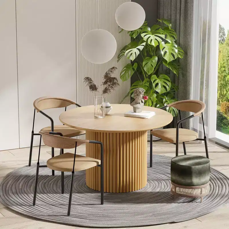 46 inch Wood Round Dining Table Circle Kitchen Table with Wood Strip Base Modern Farmhouse Dinner Tables for Kitchen Living Room Natural