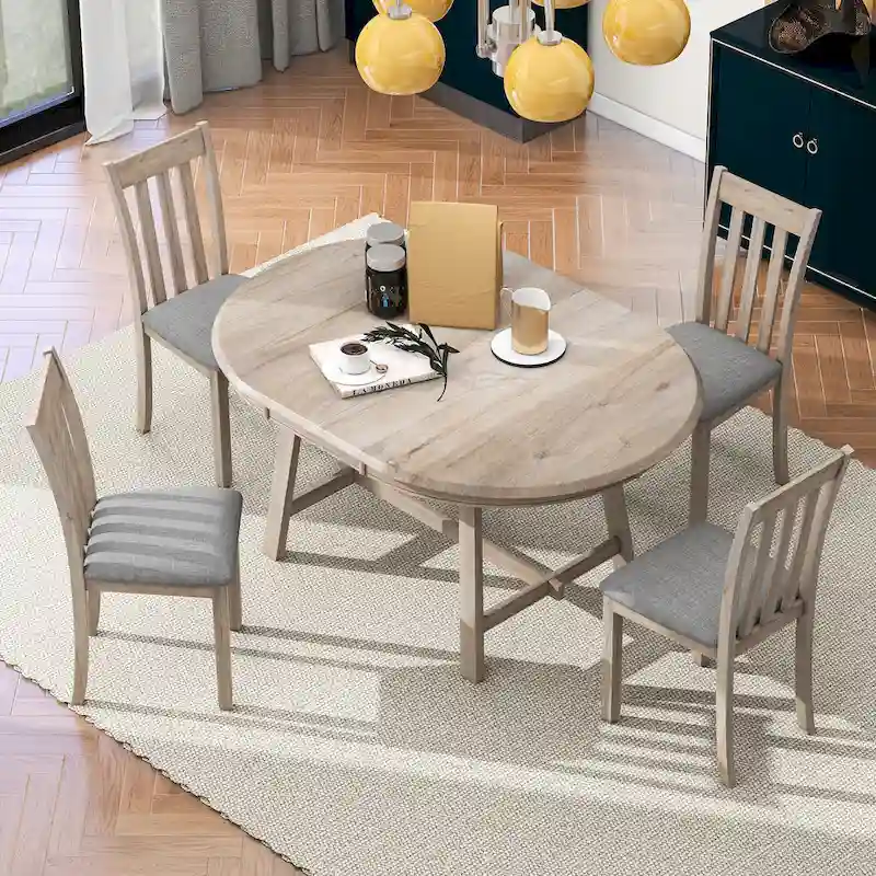 5-Piece Wooden Dining Table Set with Round Extendable Table & 4 Chairs