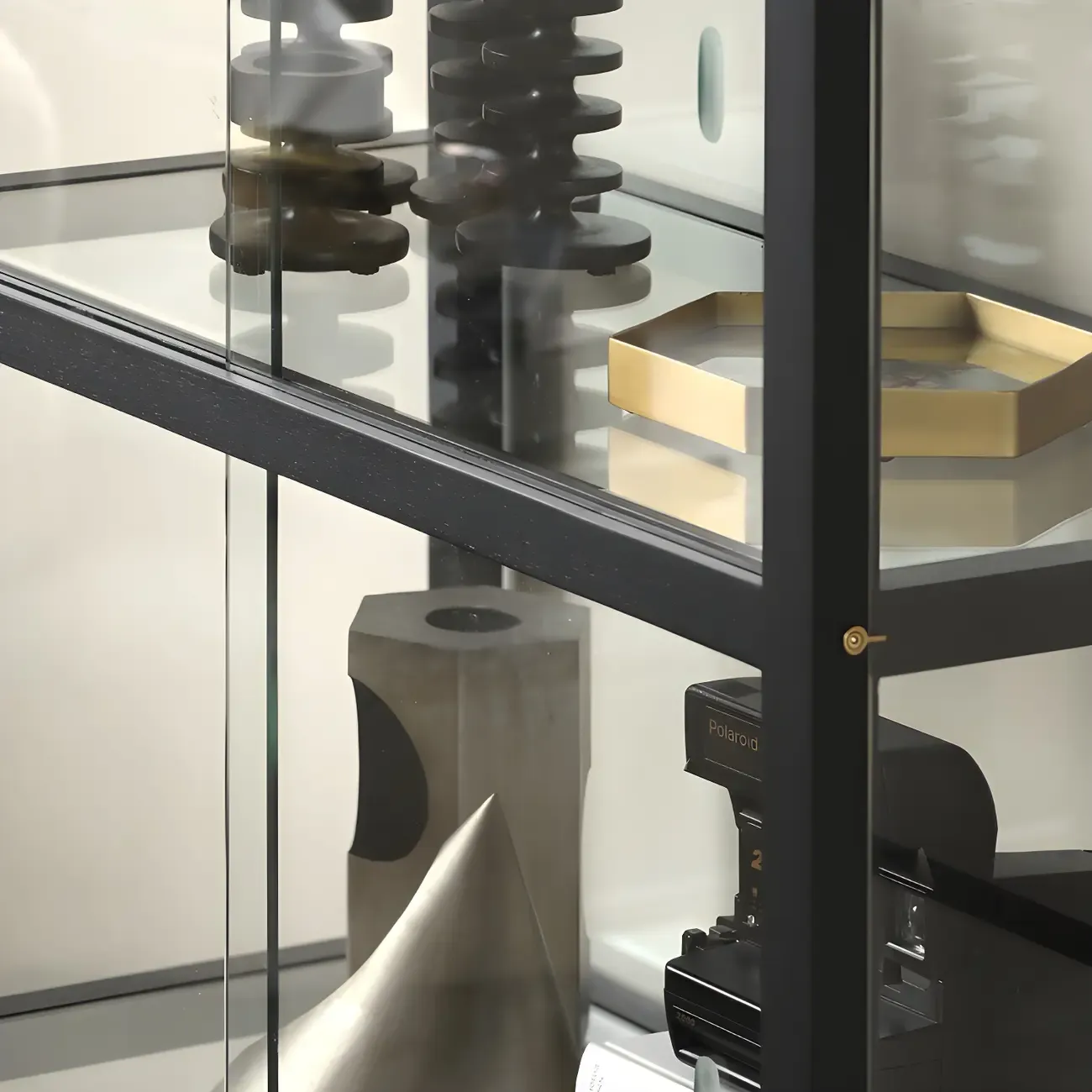 Modern Black Glass Display Cabinet with Metal Frame
