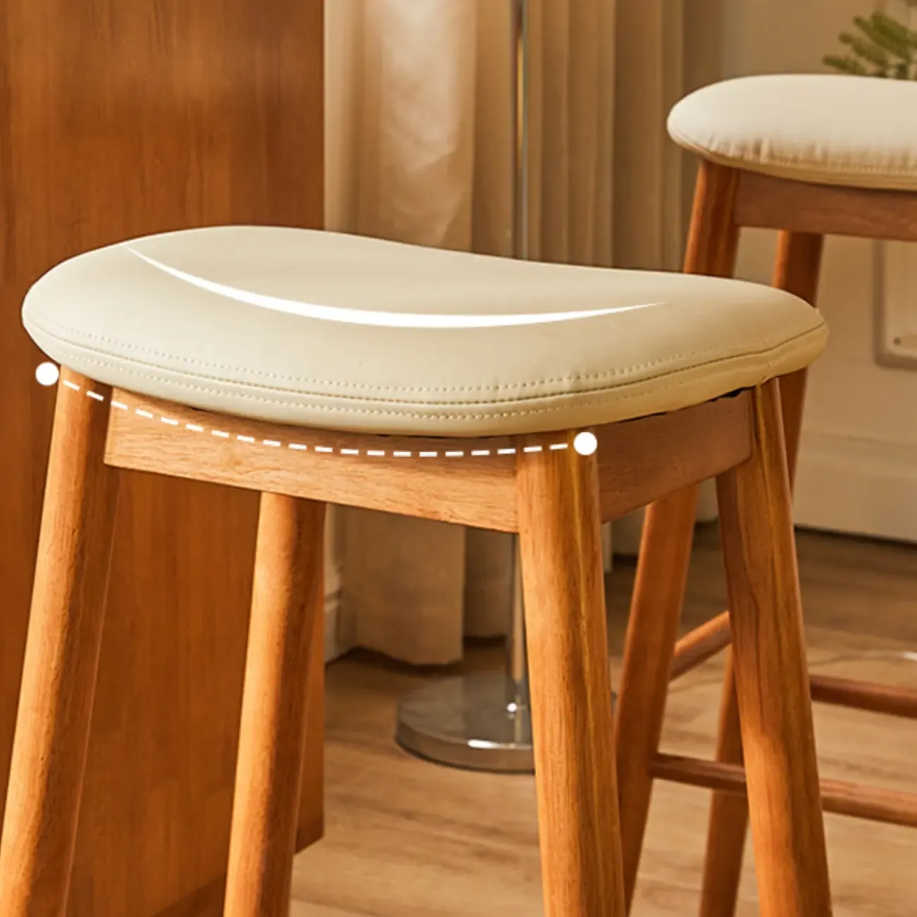 Brown Saddle Leather Seat Wooden Backless Bar Stools