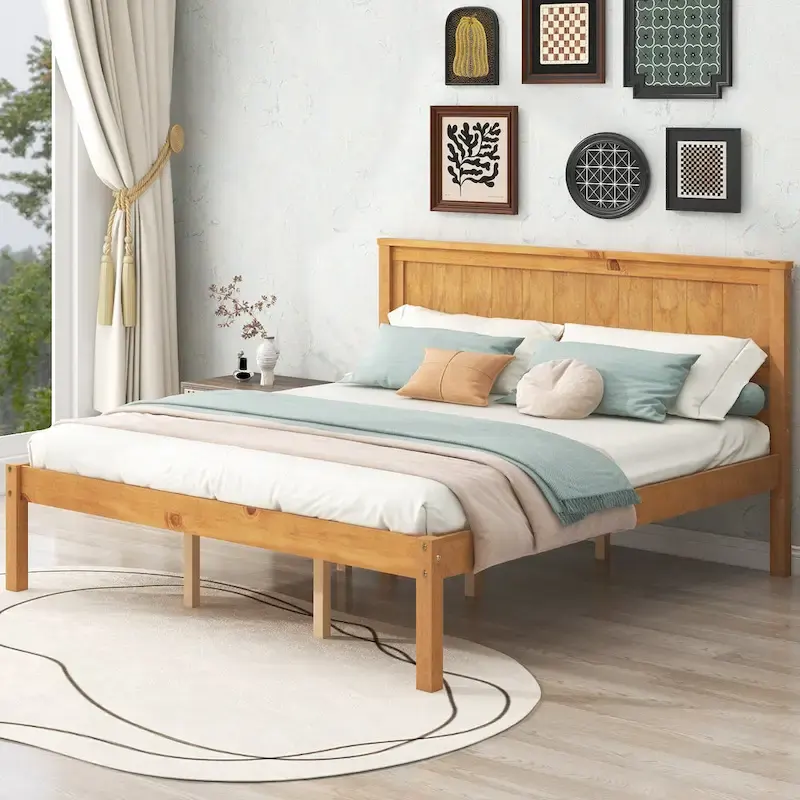 Pine Wooden Platform Bed with Headboard and Wood Slat Support for Bedroom