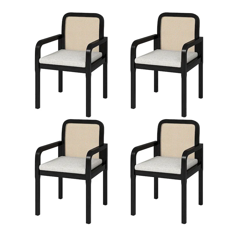Modern Rattan Back Dining Chair with Removable Cushion - Rubber Wood Frame, Linen Upholstery
