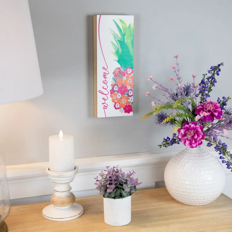 Floral Pineapple Welcome Wooden Wall Sign - 13