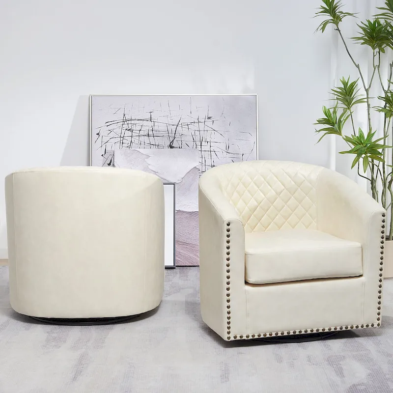 KINWELL 29 Wide Tufted PU Leather Swivel Barrel Chair (Set of 2)