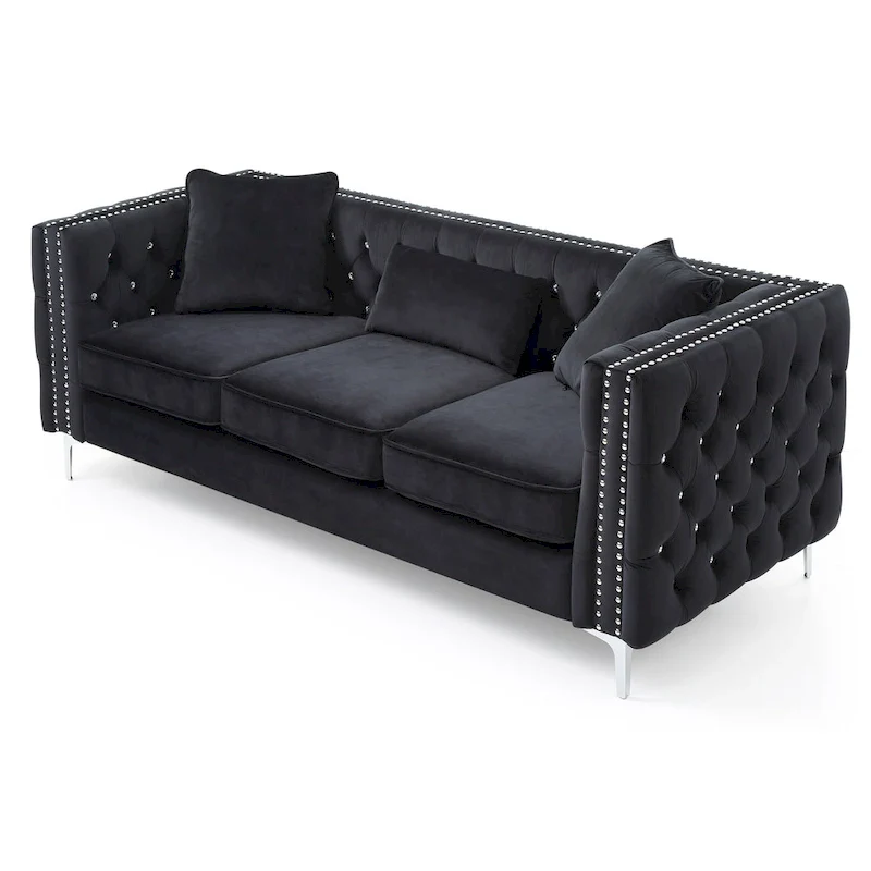 Tufted Velvet Sofa - Blue, 3-Seater, Track Arms, 2 Throw Pillows, 86W x 30H, Contemporary
