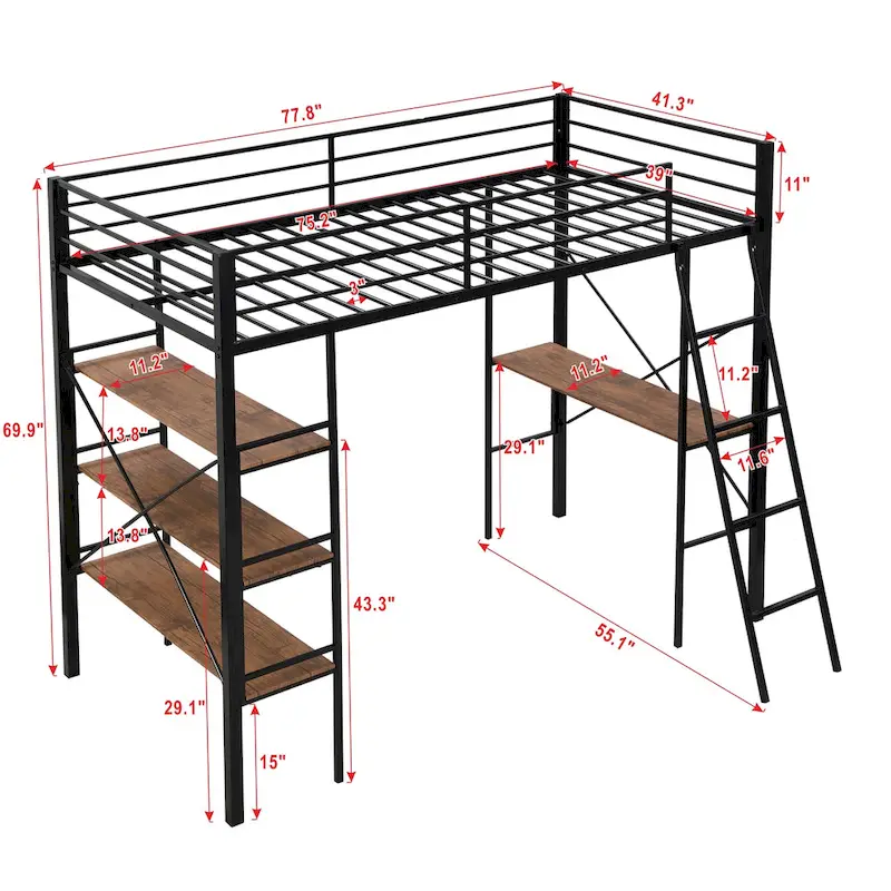 Black Twin Metal Loft Bed with Desk & Shelves