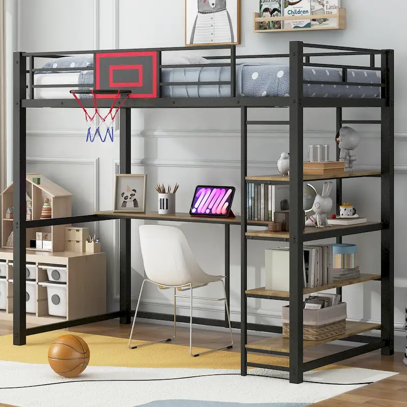 Metal Loft Bed with Basketball hoop,Shelves and Desk,Twin Size