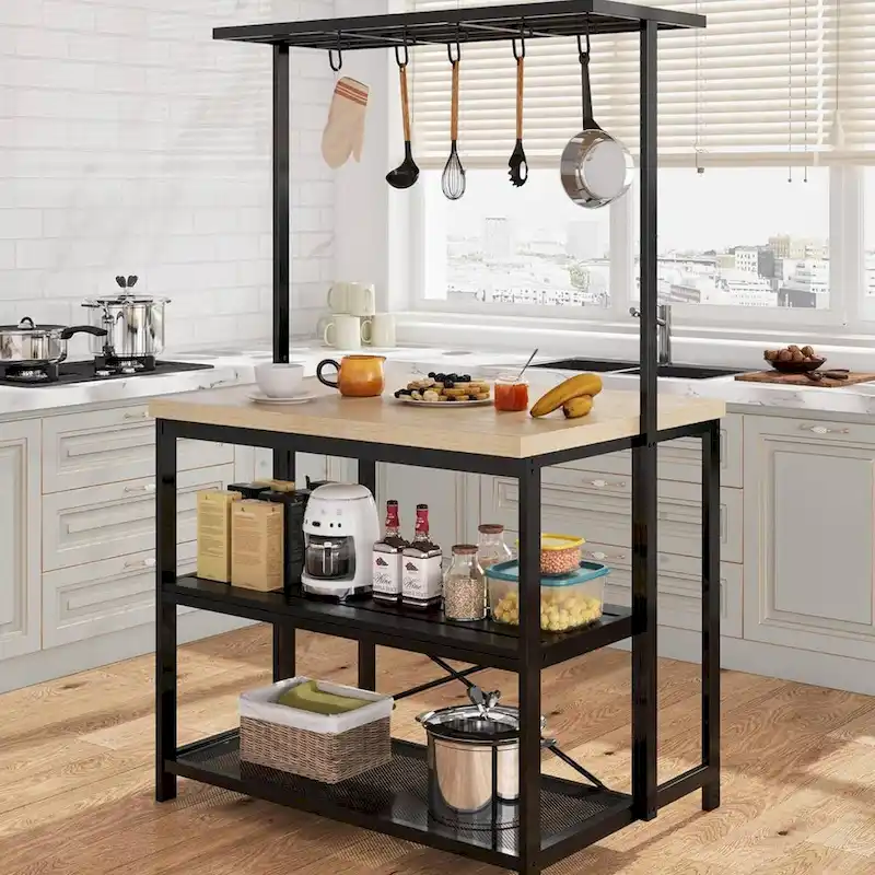 42 Kitchen Island Bakers Rack with 3 Tier Shelf and Hooks - N/A