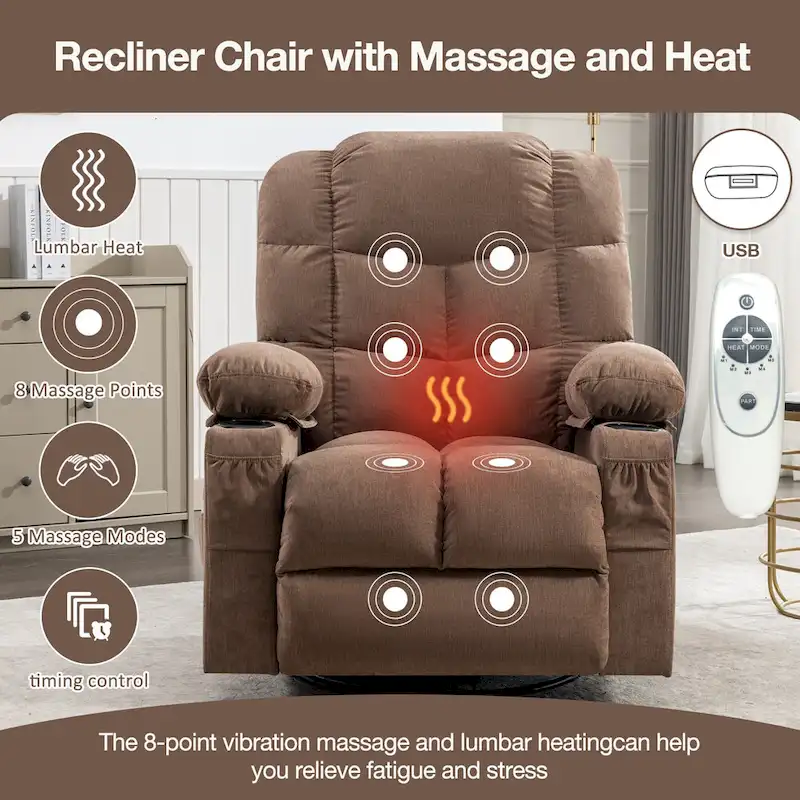 Massage Rocker Recliner Chair Rocking Chairs for Adults Oversized with 2 Cup Holders, USB Charge Port Soft Features a Manual Mas