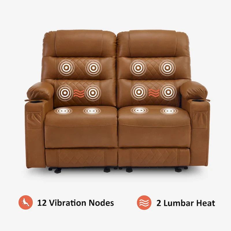 Power Recliner Loveseat, Saddle/Dark Brown/Light Grey, Heat & Massage, Seats 2