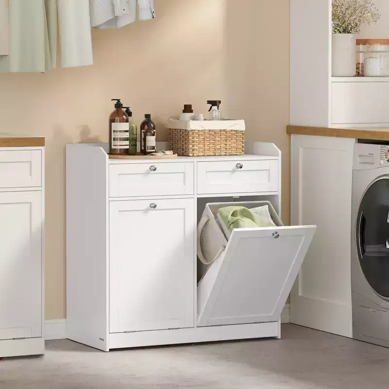 VASAGLE Laundry Cabinet, with 2 Drawers and 2 Hidden Laundry Hampers, Freestanding, Tilt-Out Laundry Baskets with Handles, Cloud White