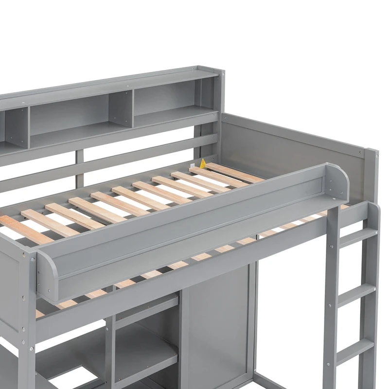 Twin Wood Loft Bed with Shelves, Wardrobe, and Desk