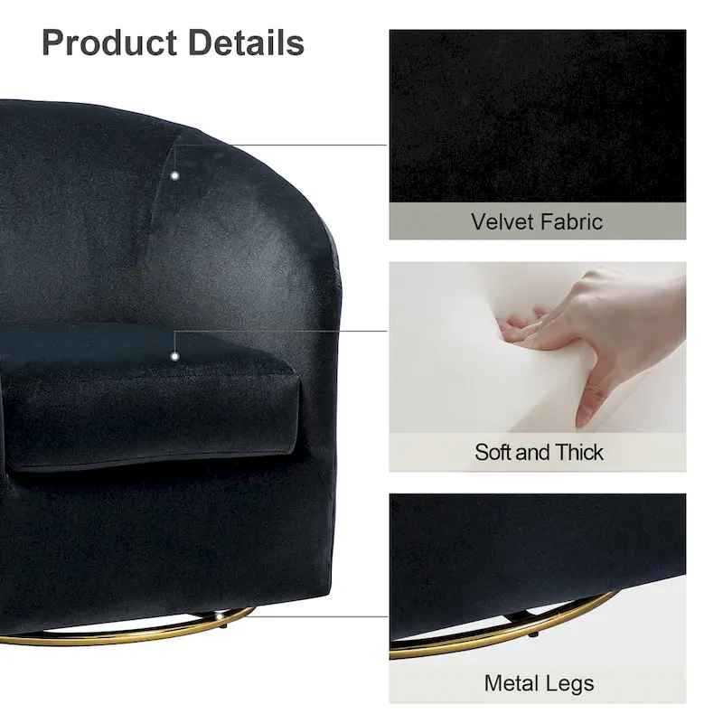 Modern Velvet Curved Swivel Accent Barrel Chair with Metal Base