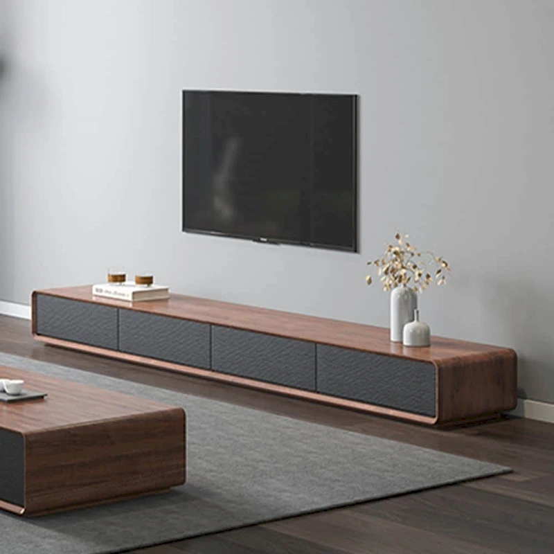 Modern Rectangular TV Stand with 4 Drawers, Wood Veneer Media Console, Walnut White, Soild Wooden, Fully-Assembled