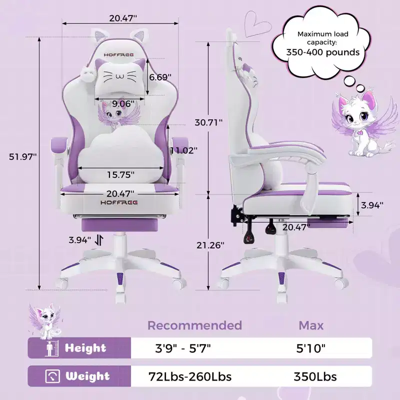 Hoffree Cute Pink Gaming Chair Girls Ergonomic Desk Chair with Footrest & Massage Lumbar