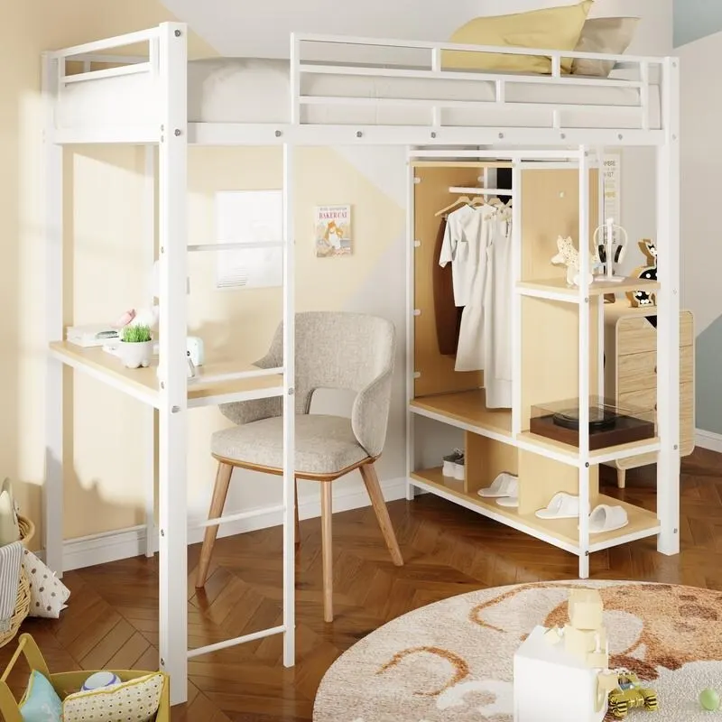 Twin Size Metal Loft Bed with Built-in Wardrobe, Desk and Shelves