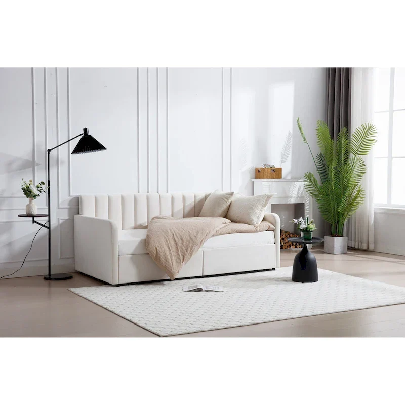 Epiphyllum Modern Velvet Twin Daybed with 2 Drawers and Ribbed Tufted Backrest by Christopher Knight Home