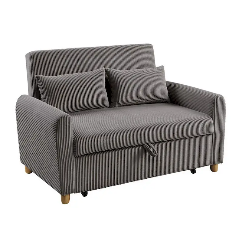 54 Inch Convertible Sleeper Loveseat, Round Arms, 2 Pillows, Brown