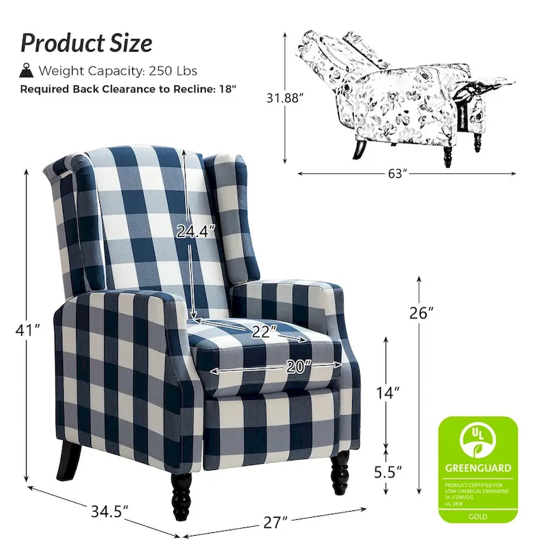 Damaris Mid-Century Modern Manual Pushback Recliner with Wingback Design by HULALA HOME