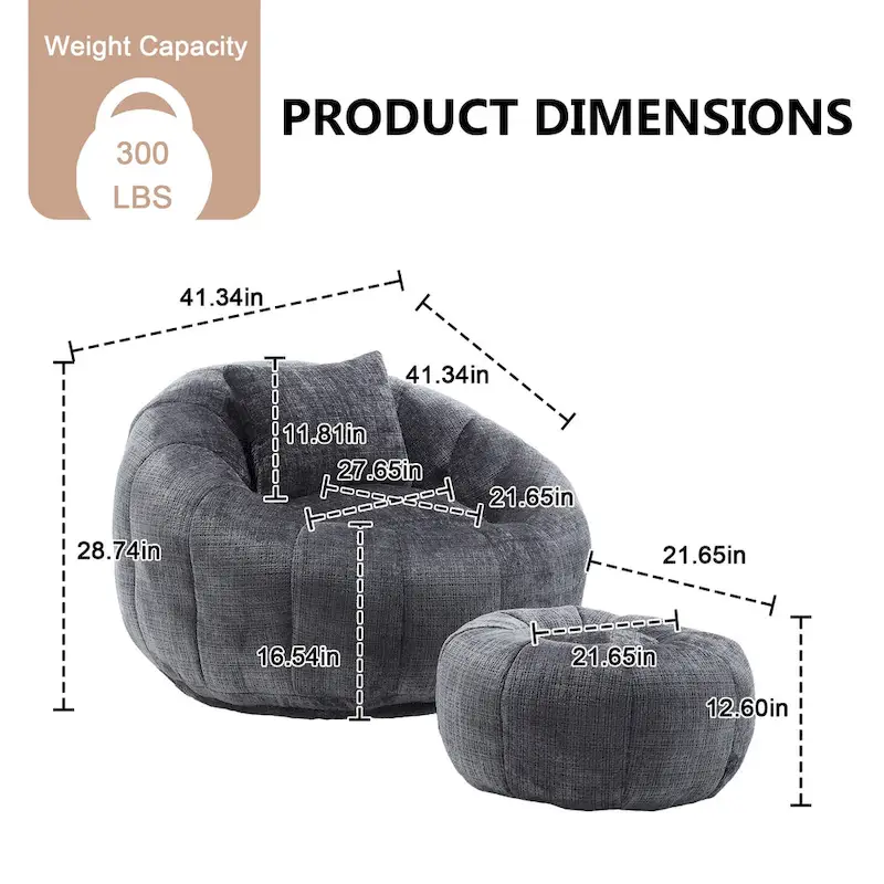 HOMEFUN Chenille Upholstered Round Lazy Cozy Bean Bag Chair with Ottoman and a Pillow
