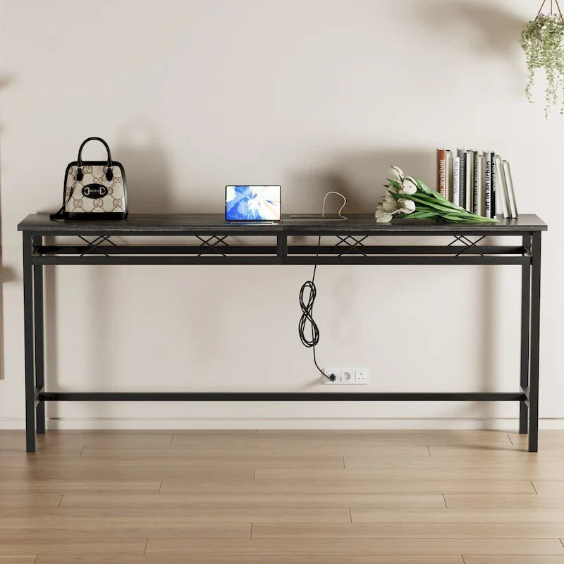 Javlergo Console Table with with Charging Station & USB Ports, Charcoal Gray
