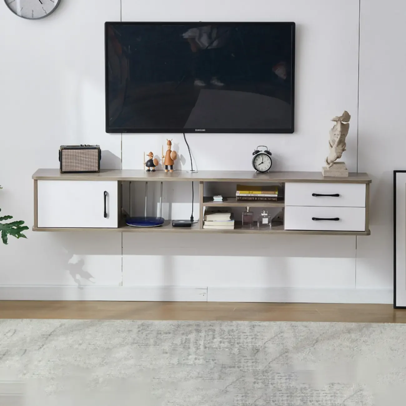 59 Grey Wooden Open Shelf Floating TV Stand with Drawers