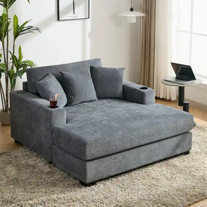 Oversized Chaise Lounger Modern Sofa Couch with Pillows, Charge Station & Cup Holders