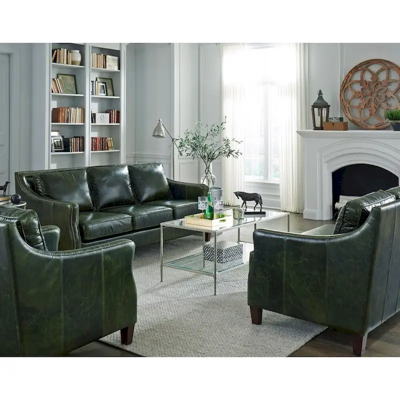 Essex Distressed Green Top Grain Leather Sofa, Loveseat and Chair Set