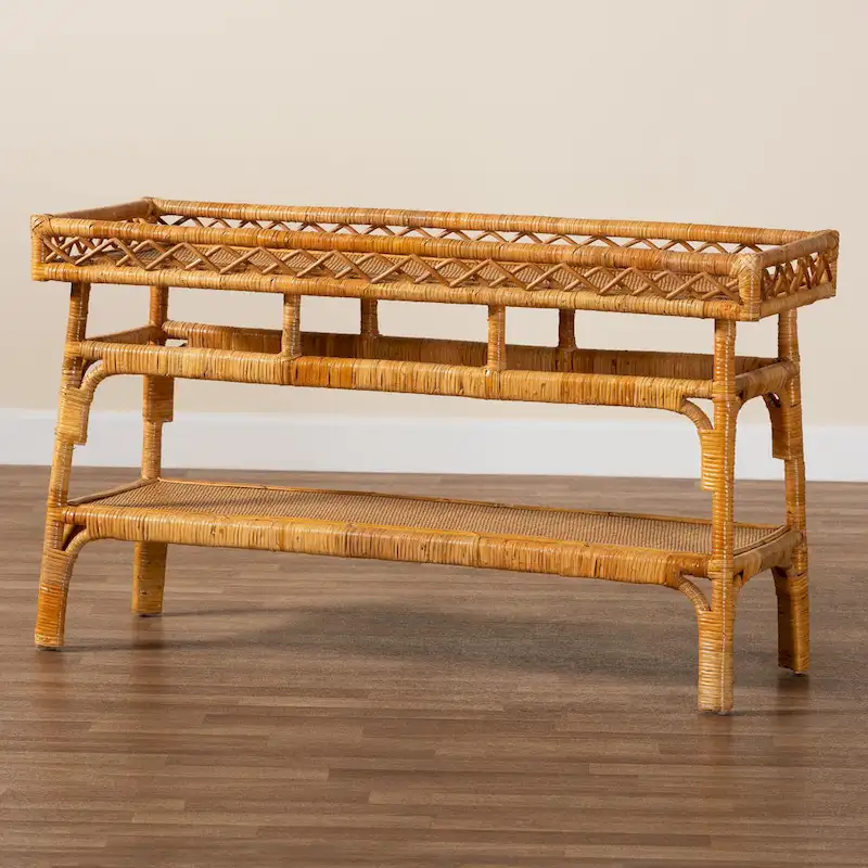 Savitri Modern Bohemian Natural Rattan 2-Tier Console Table