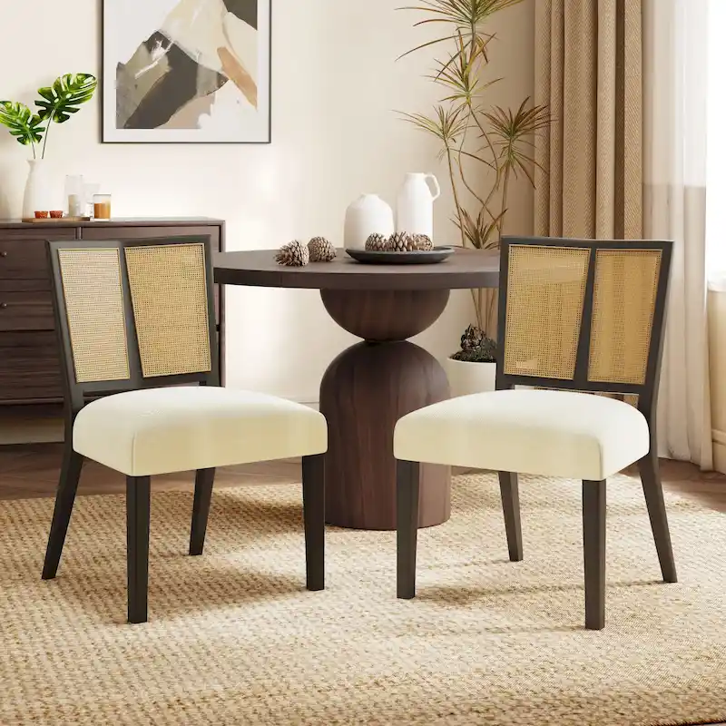 Mid-Century Rattan Back Upholstered Dining Chair Set of 2