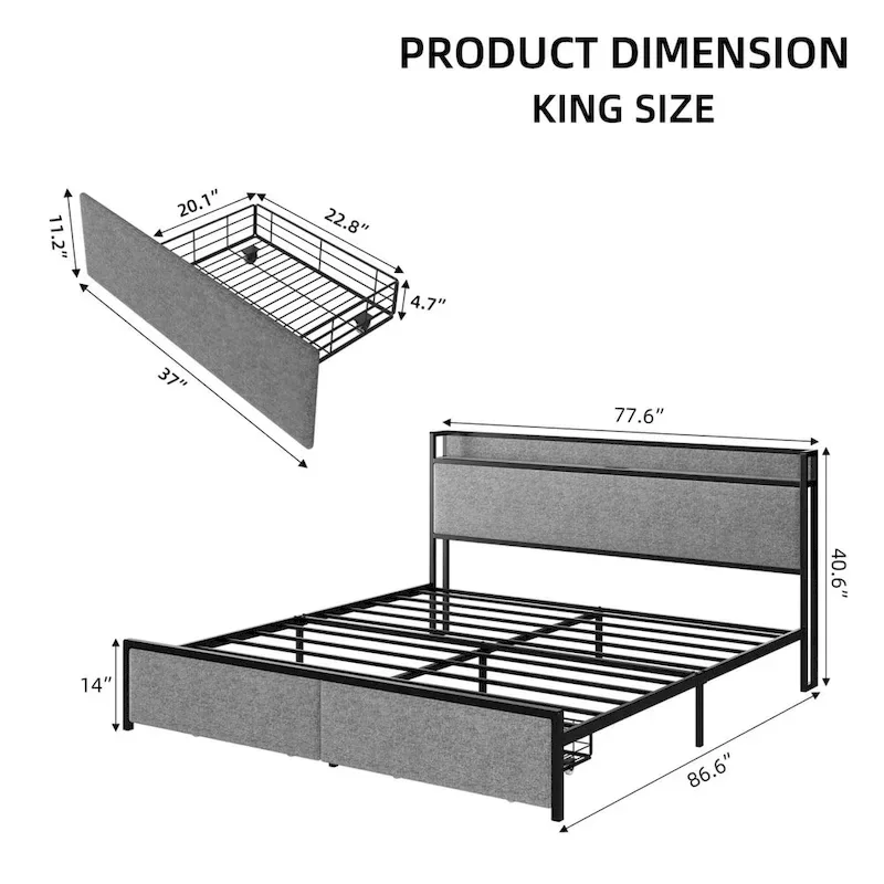 Grey King Platform Bed Frame with Storage Drawers & Charging Station, for 2
