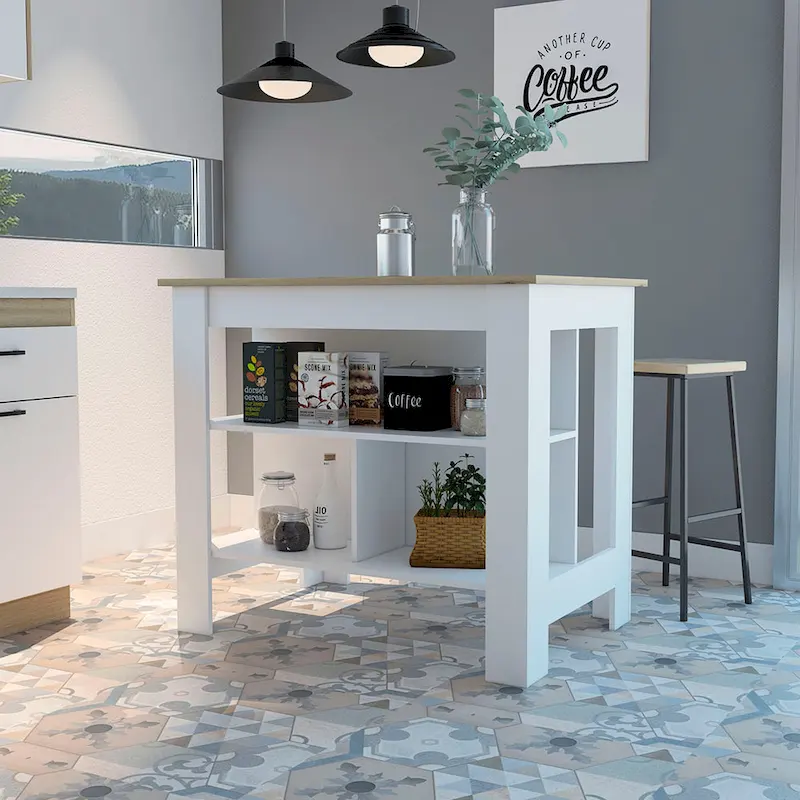 TUHOME Cala 3-Shelf Wooden Casual Kitchen Island