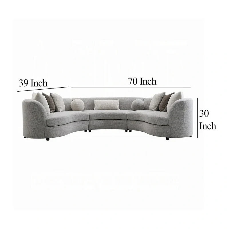 Kei 3pc Sectional Sofa, 9 Pillows, Curved Frame, Gray Boucle Fabric