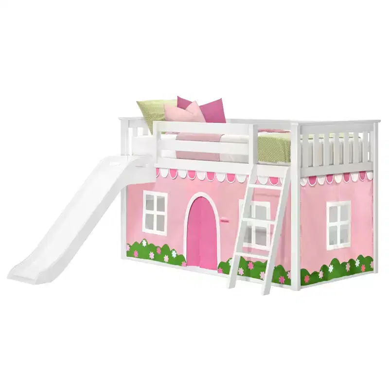 Twin Over Twin Low Bunk With Easy Slide & Light Pink & White Farmhouse Curtain