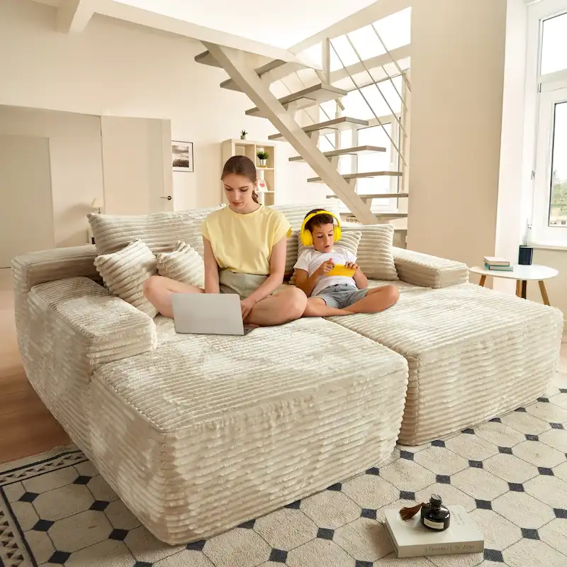 OVIOS Long Plush No Assembly Required Double Chaise Sofa