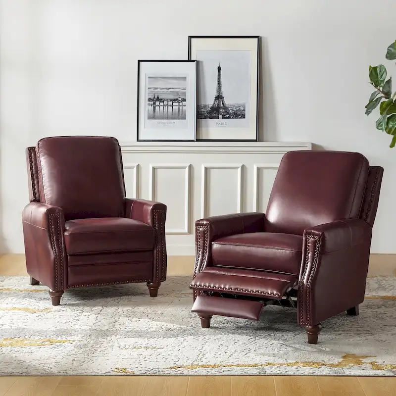 Mid-century Modern Genuine Leather Recliner with Nailhead Trim Set of 2