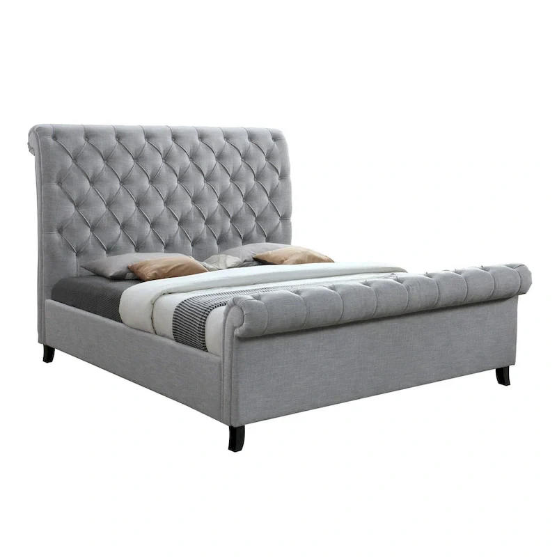 Magnolia King Size Bed, Tufted Upholstered Rolled Top Headboard, Gray