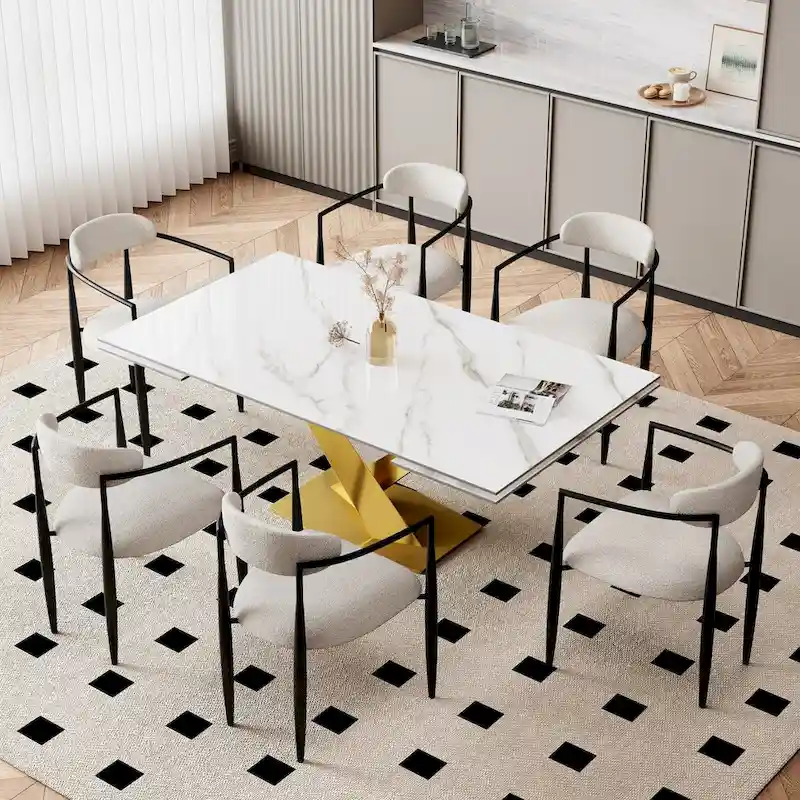 9-Piece Extendable Sintered Stone Dining Set with 8 Fabric Chairs - 94.48