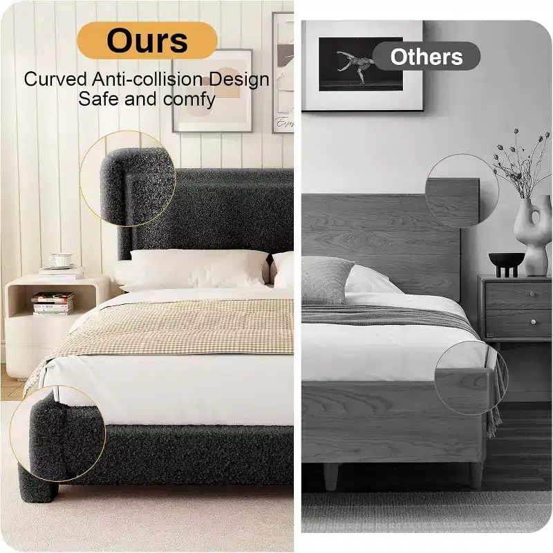 Dyonery Boucle Bed Frame,Black Upholstered Teddy Fabric Bed Frame with Headboard,No Box Spring Required, Adjustable Headboard, Easy Assembly