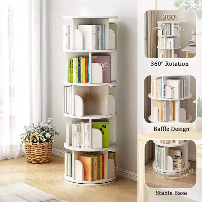 White 5-Tier Rotating Bookshelf with Drawers, for 1 Person
