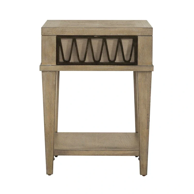 Chairside Table with Drawer & Bottom Shelf, Sandstone, Rubberwood & Oak Veneer, 18.5