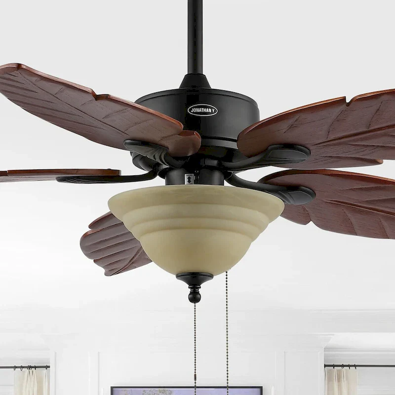 Owen 52  3-Light Coastal Bohemian Iron/Wood Palm Leaf LED Ceiling Fan with Pull Chain, by JONATHAN Y